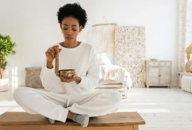 Woman practicing meditation with a Tibetan singing bowl in a serene interior setting.